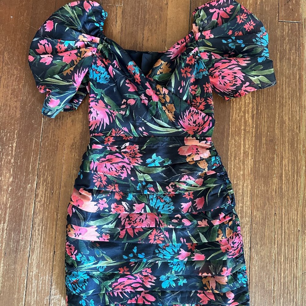C/MEO Collective / Revolve Black Floral Ruched Dress Size Small